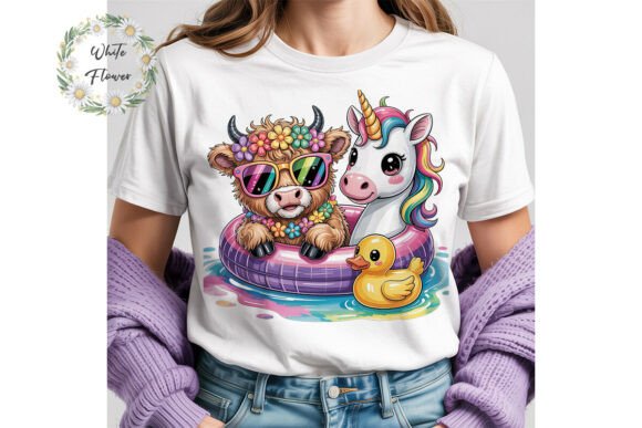 Highland Cow Unicorn Pool Fun Clipart